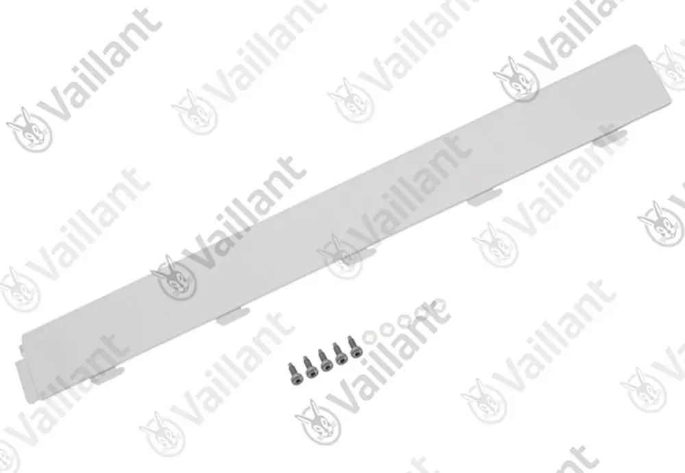 Vaillant Seitenblech in Weiß mit sechs Schrauben, dargestellt auf neutralem Hintergrund. Das Produkt hat eine flache, schmale Form.